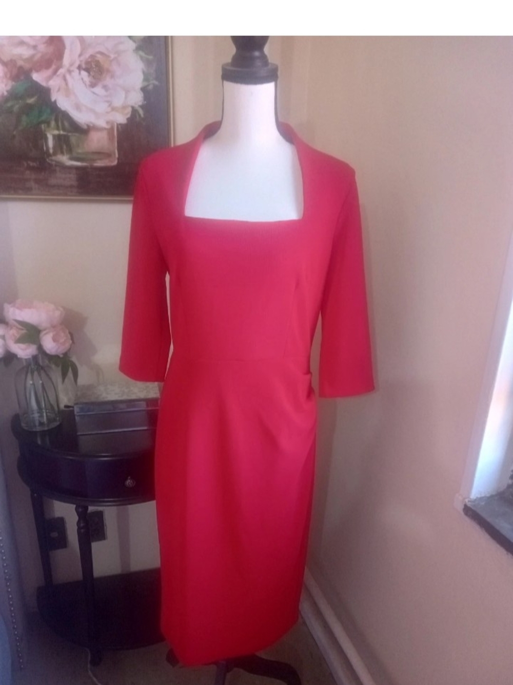 Chic Red Square-Neck Long Sleeve Sheath Dress